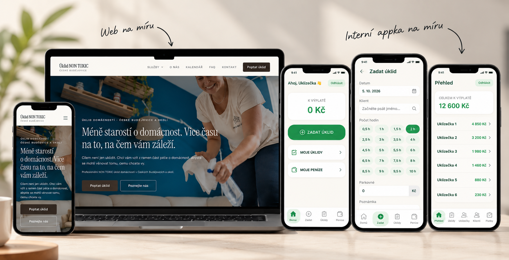 Web Úklid NON TOXIC na notebooku a mobilu a interní appka na třech mobilních obrazovkách